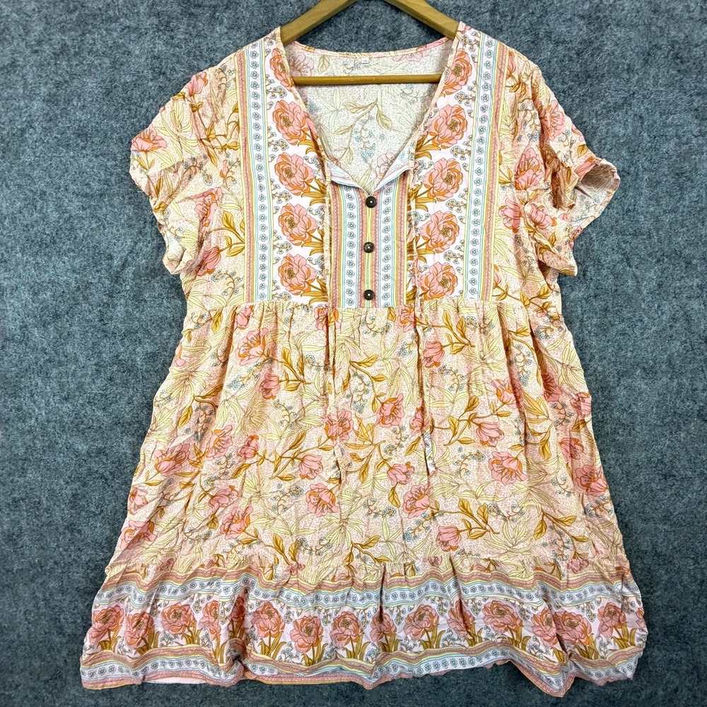 Unbranded Fit & Flare House Dress Women 1XL Peach Floral Cottage Casual Tiered‎